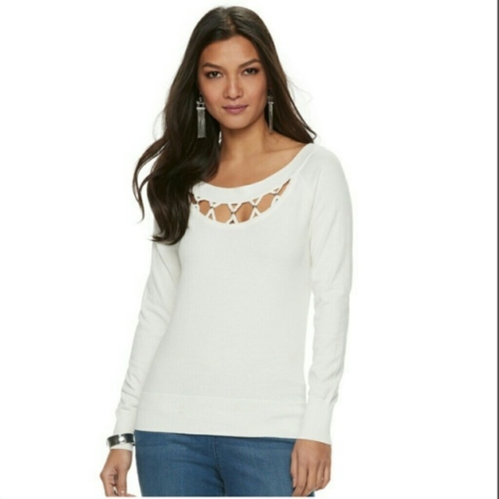 Jennifer Lopez White Crisscross Cut Out Sweater